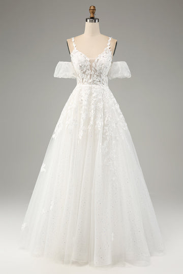 Elfenben A-Line tyl Spaghetti Stropper Brudekjole med applikationer